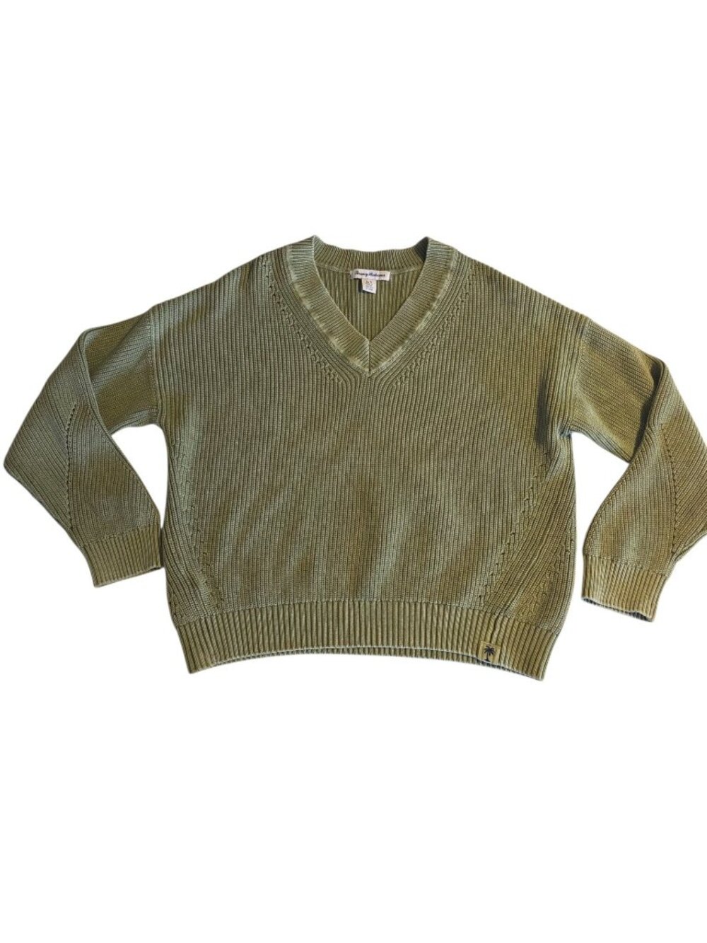 Tommy Bahama Salt & Sea Wash V-Neck Sweater Indigo Palms Green Cotton Womens Lg